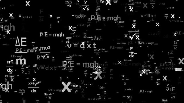 physics mathematics formula equation flying across the black background. math algebra floating toward camera used for the education study