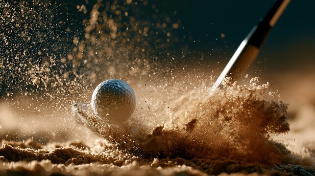 Realistic illustration of a golf ball flying out of a sand bunker with splashing sand explosion.
