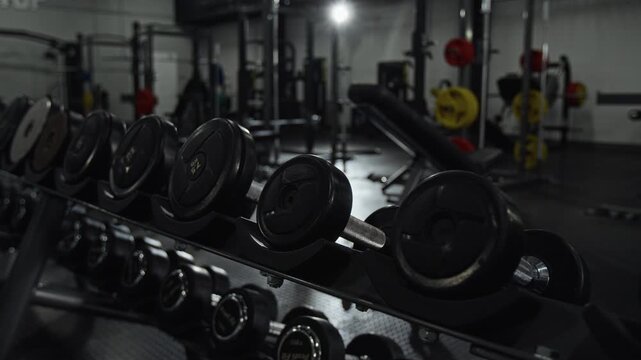 Row of dumbbells resting on rack in empty fitness center. Clip for gym advertisements, workout motivation videos, and health club marketing campaigns