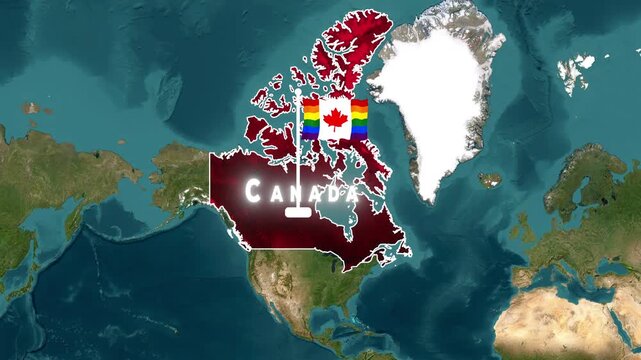 Animated 3D Satellite Map Zoom of Canada with Waving Rainbow Pride Flag Pin and Glowing White Territory Borders