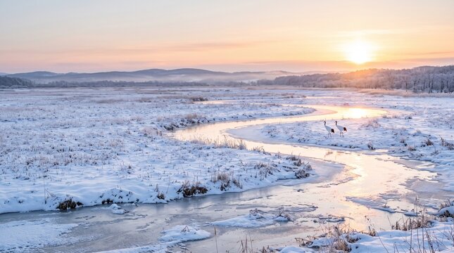冬の釧路湿原とタンチョウのつがい、美しい朝日の雪景色