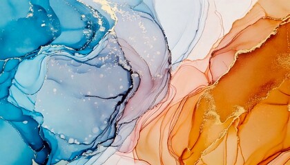 Naklejka premium Fluid alcohol ink abstract background with blue orange and gold