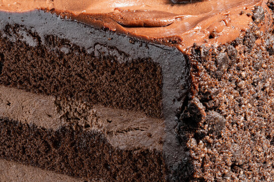 High-Resolution close-up of dark chocolate layer cake texture ultra sharp creamy fudge details, macro extreme detail VER.2
