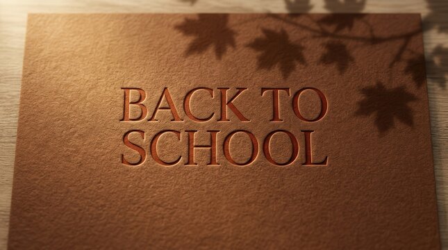 a phrase back to school on brown paper with a shadow of maple leaves