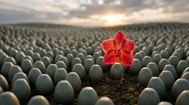 Single red flower standing out among numerous gray eggs in a vast field at sunrise.