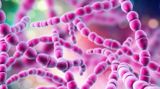Streptococcus thermophilus, 3D animation showing Gram-positive lactic acid bacteria arranged in stable unbranched chains of spherical to slightly ovoid cocci.