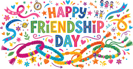 Naklejka premium Celebrate Happy Friendship Day with this vibrant vector design featuring colorful woven bracelets, playful doodles, and joyful hand-drawn elements.