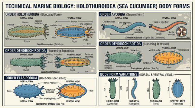 Marine biology technical guide detailing Holothuroidea (sea cucumber) body forms and variations with anatomical labels.