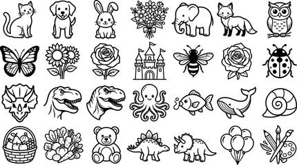 Set of cute black and white line art icons featuring animals, flowers, dinosaurs, and various objects © ISMOTARA