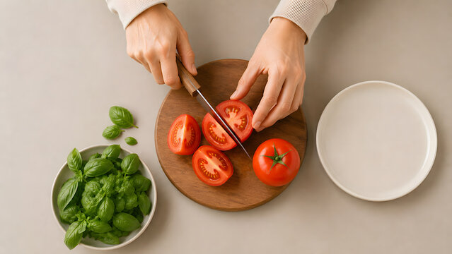 Anonymous Hands Slicing Fresh Tomatoes on Wooden Cutting Board