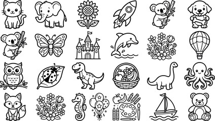 Set of cute cartoon animals and objects for coloring book, vector illustration of cat, elephant, dinosaur, butterfly, and toys © ISMOTARA