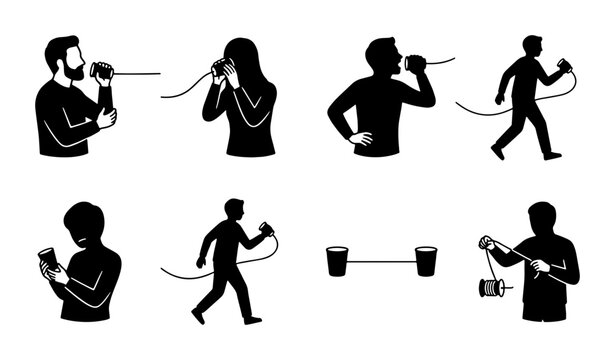 Retro Communication Icons: Tin Can Phone, Silhouette People, String Connection, Simple Line Art