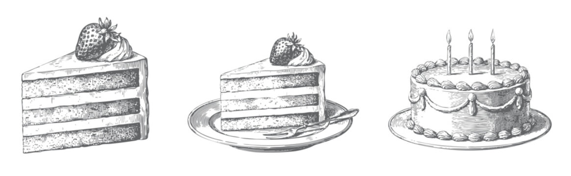 layer cake, pancake stack, and birthday cake illustrated in vintage engraving style.