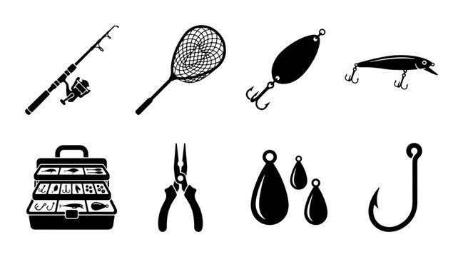 Fishing Gear Icons Set, Rod, Reel, Tackle Box, Lure, Net, Hook, Pliers, Weights, Vector Graphics