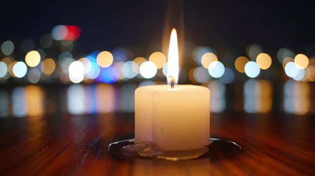 A single lit white square candle burning on a dark wooden table surface with a soft flame, set against a background of blurred colorful city lights and night skyline bokeh.