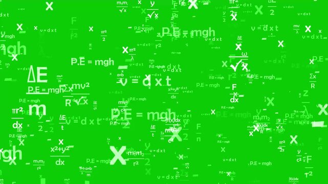 mathematics physics formula flying on green screen. old classroom greenboard with floating math engineering equation.