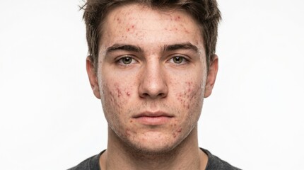 Fototapeta premium Caucasian man with acne on face skin. Portrait of guy with problematic skin inflammation or pimple. Dermatology treatment, teenager skincare, health problem, male insecurity concept.
