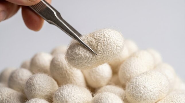Hand holding silkworm cocoon with metal tweezers. Textile production and natural fiber extraction process. Organic raw material for silk manufacturing. Entomological research or farming.