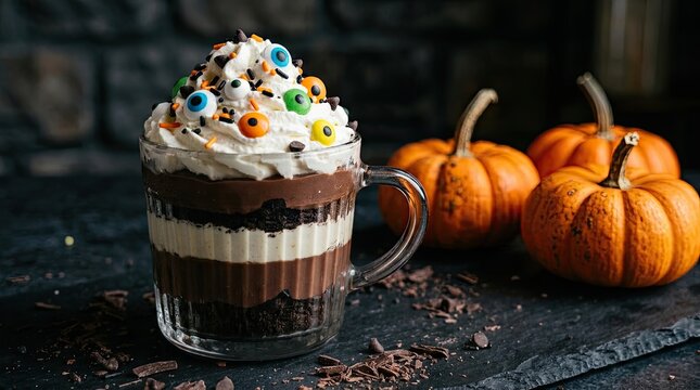 Spooky halloween chocolate dessert layered mousse with eyeball sprinkles and miniature pumpkins