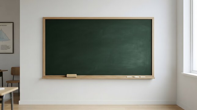 Empty blackboard in a bright classroom setting.