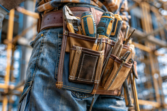 Detail of blue jeans and tool bag on an industrial construction background