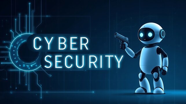Cyber Security concept with cute robot character holding a digital pistol on dark blue circuit board background