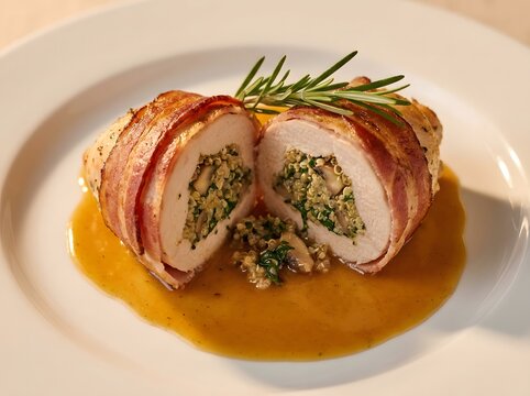 Delicious thanksgiving day turkey breast roulade with bacon and herb stuffing a festive holiday meal