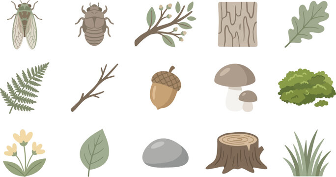 Nature and forest themed flat vector icon set featuring cicadas, oak leaves, acorns, mushrooms, and wooden stumps
