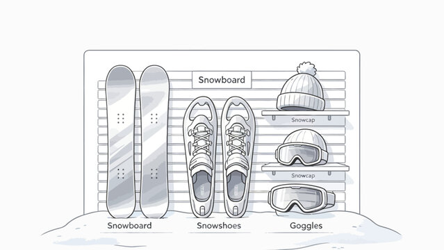 Monochrome Illustration of Winter Sports Equipment Displayed on Slatted Wall with Snow Base