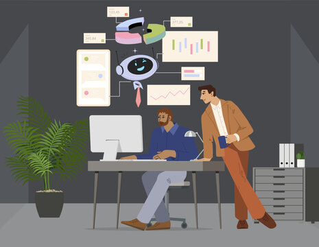 A group of office workers parsing statistics collected using Ai Analytics. Vector illustration.