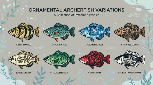 Ornamental archerfish species collection featuring diverse patterned profiles and colorful marine life vector design.
