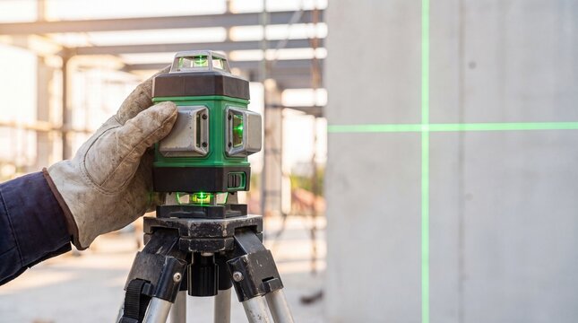 Laser level device is carefully adjusted by a construction worker to project a vibrant green cross line onto a concrete surface, ensuring that all architectural elements align perfectly in the.