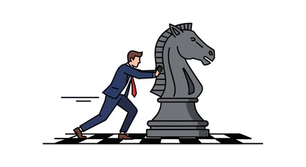 Businessman pushing giant chess knight on checkered board. © alex
