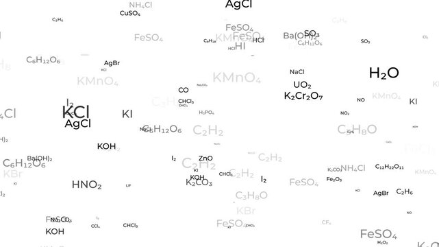 chemical equations and molecular formula flying on white study background, built for laboratory and coursework visuals
