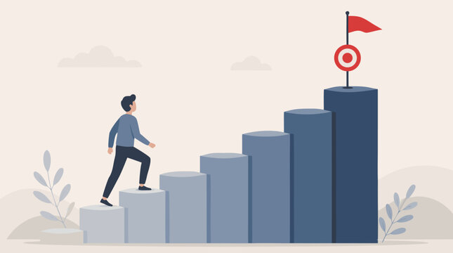 Ambitious professional climbing ascending bar chart staircase toward target flag, symbolizing career growth, measurable success, motivation, goal achievement, business strategy, and progress