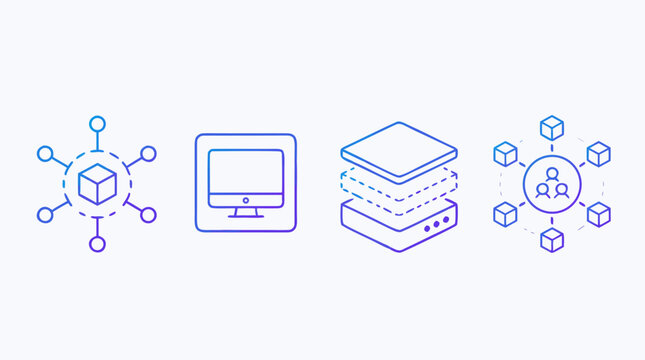 Clean gradient line icon set for virtualization technology with virtual machine, hypervisor stack, resource pooling, distributed nodes and cloud infrastructure concepts in editable vector EPS style