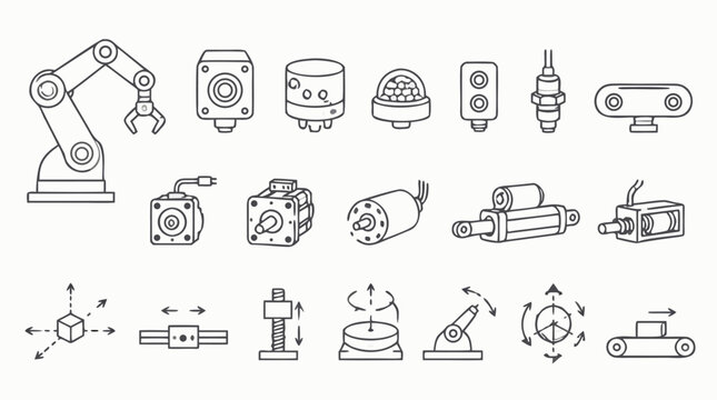 Minimalist industrial robotics icon set featuring robotic arm, vision sensors, encoders, actuators, conveyor motion, rotation axes and automation hardware, editable stroke vector illustration pack
