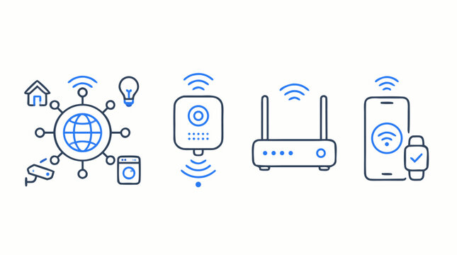 Clean Internet of Things line icon set with smart home network, wireless sensor, gateway router, connected phone and wearable devices for automation, telemetry and modern IoT infrastructure