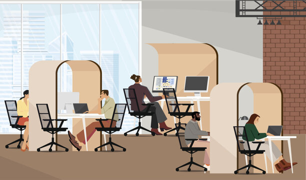 A coworking space with people working at a computer. Vector illustration.