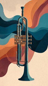 Stylized Brass Trumpet Artwork Featuring Colorful Abstract Landscape Inspired Background