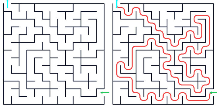 Black maze with red solution path on white background, Logic game with labyrints,Maze game,Maze Puzzle foor kids,Labyrinth With Entry And Exit,Maze For Activiity Book,Puzzle Labyrinth 