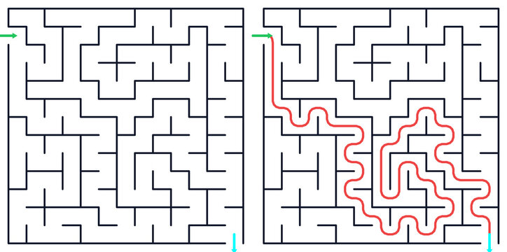 Maze puzzle with solution path highlighted in red , Logic game with labyrints,Maze game,Maze Puzzle foor kids,Labyrinth With Entry And Exit,Maze For Activiity Book,Puzzle Labyrinth 