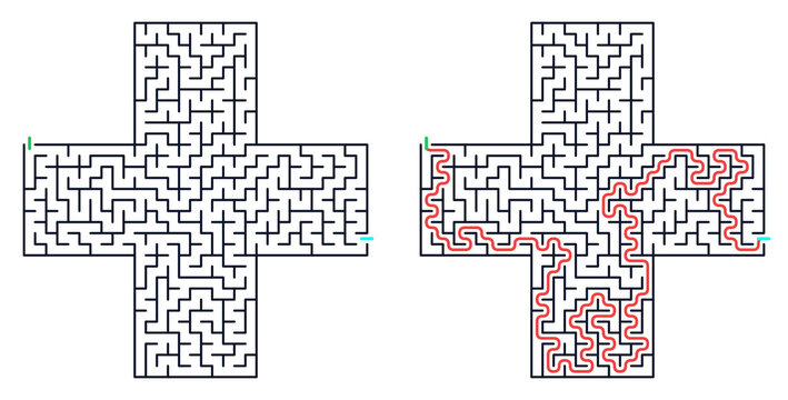 Labyrinth maze design with solution path traced in red ,  Logic game with labyrints,Maze game,Maze Puzzle foor kids,Labyrinth With Entry And Exit,Maze For Activiity Book,Puzzle Labyrinth