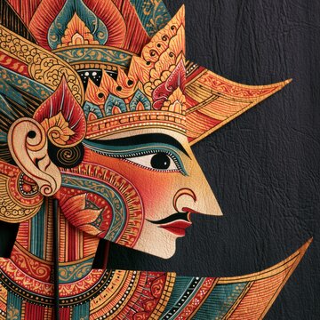 Traditional Balinese wayang kulit shadow puppet close-up, Indonesian art