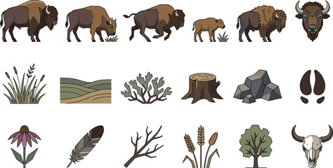 Obraz premium Pixel art icons of bison, calves, and prairie elements like rolling hills, sagebrush, and wildflowers, depicting North American plains.