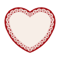 Hand drawn red lace doily heart with delicate openwork edges. Blank romantic frame template for aesthetic Valentine greeting cards. Vector graphic border for elegant wedding invitations. © curly