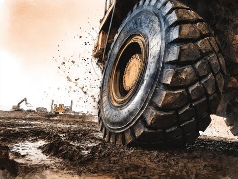 Massive Heavy Machinery Tire on Muddy Construction Site Under Storm Clouds