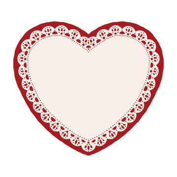 Hand drawn red lace doily heart with delicate openwork edges. Blank romantic frame template for aesthetic Valentine greeting cards. Vector graphic border for elegant wedding invitations.