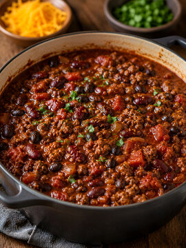 Hearty beef chili with kidney beans, black beans, and tomatoes in a cast iron pot, garnished with fresh herbs, rustic wooden background