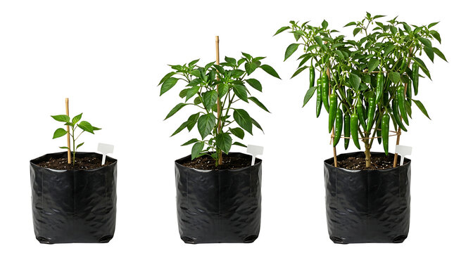 Three chili pepper plants shown at different stages of growth, from a young seedling to a mature plant bearing green peppers, all in black grow bags.